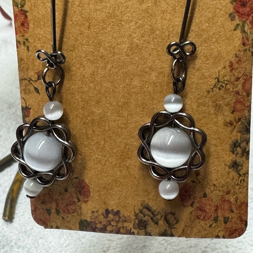 Elegant Gunmetal  Wire Wrapped Gray Cats Eye Earrings